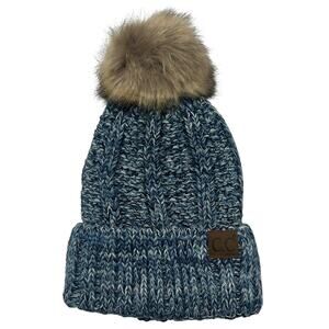 C.C. Blue Knit Beanie Faux Fur Pom Winter Warm Hat